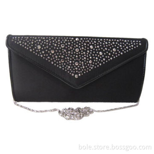 Evening Bag with Stone Decoration, Polyester Material, Long Silver Chains